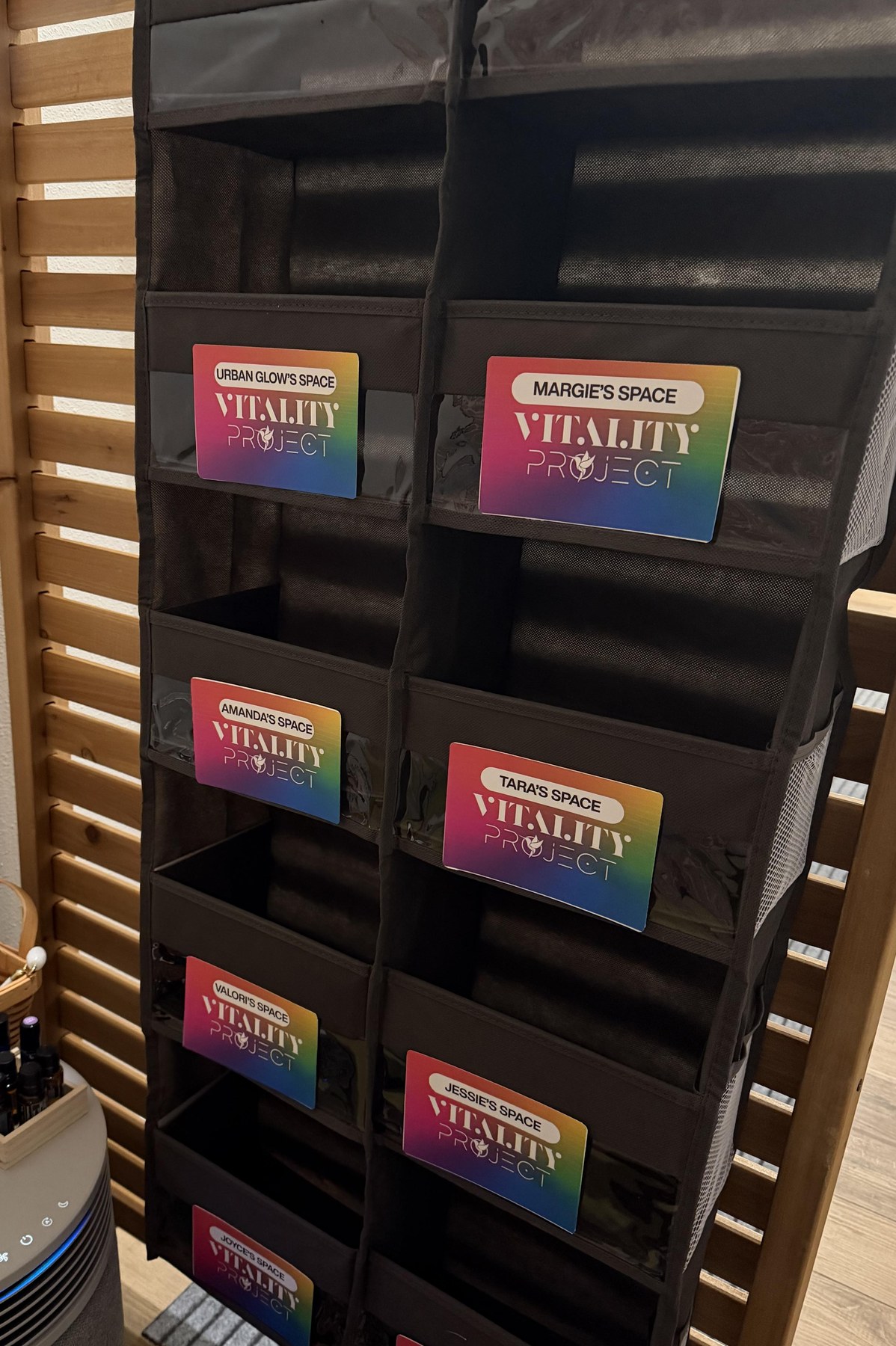 Personalized Vitality Pod cubbies created for the Benevolent Beauty salon team in Rapid City, South Dakota