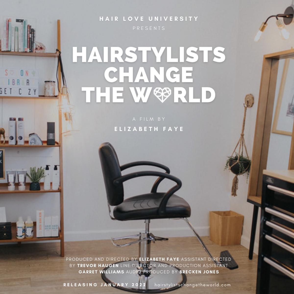 Hairstylists Change the World film poster: a salon chair in a sunlit studio