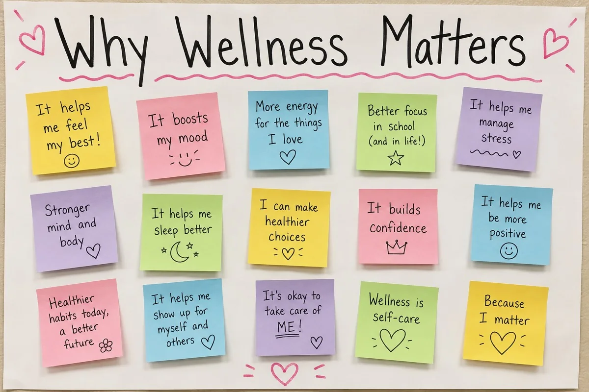 A Why Wellness Matters board covered in student sticky notes