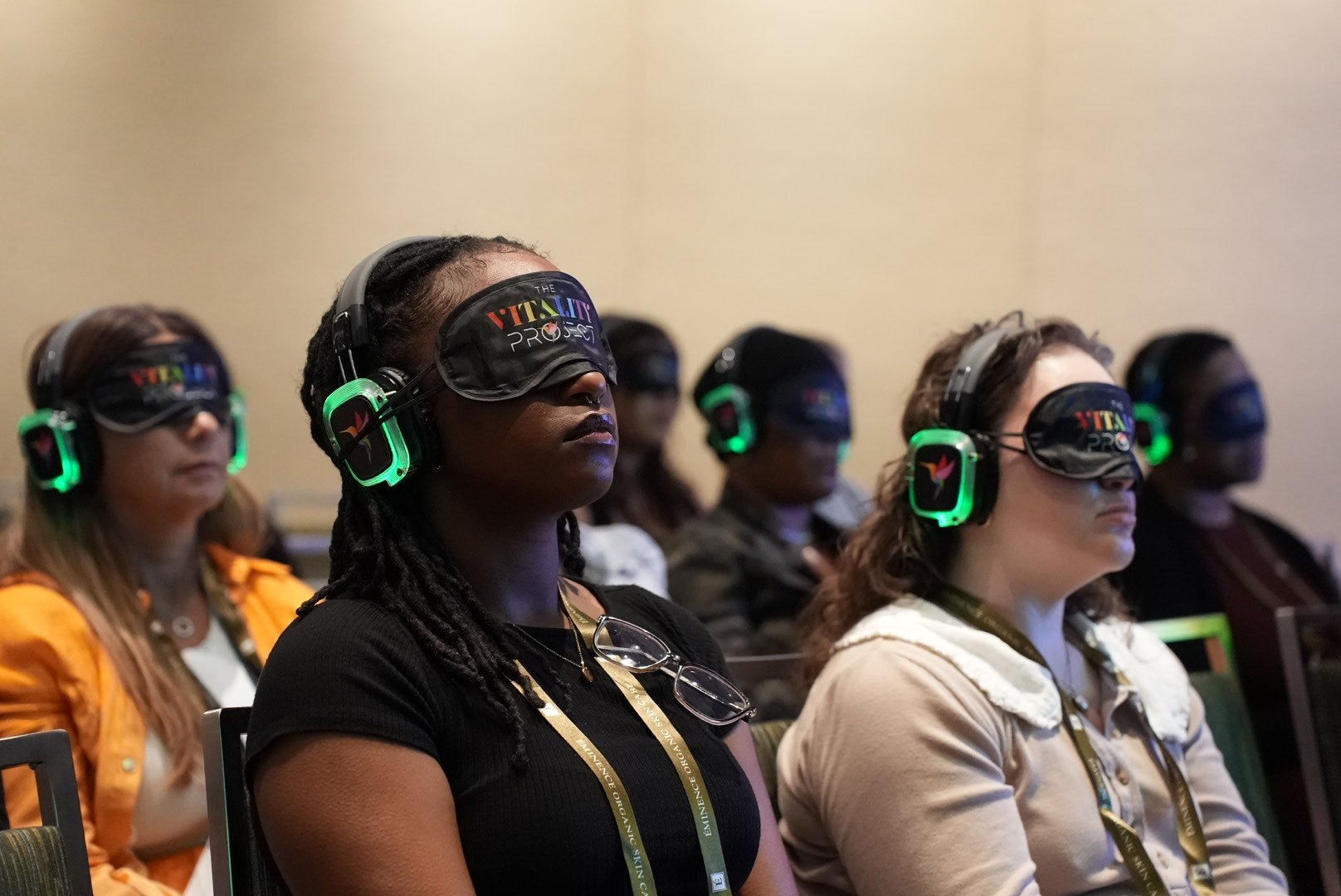 Guests in Vitality Project eye masks and headphones